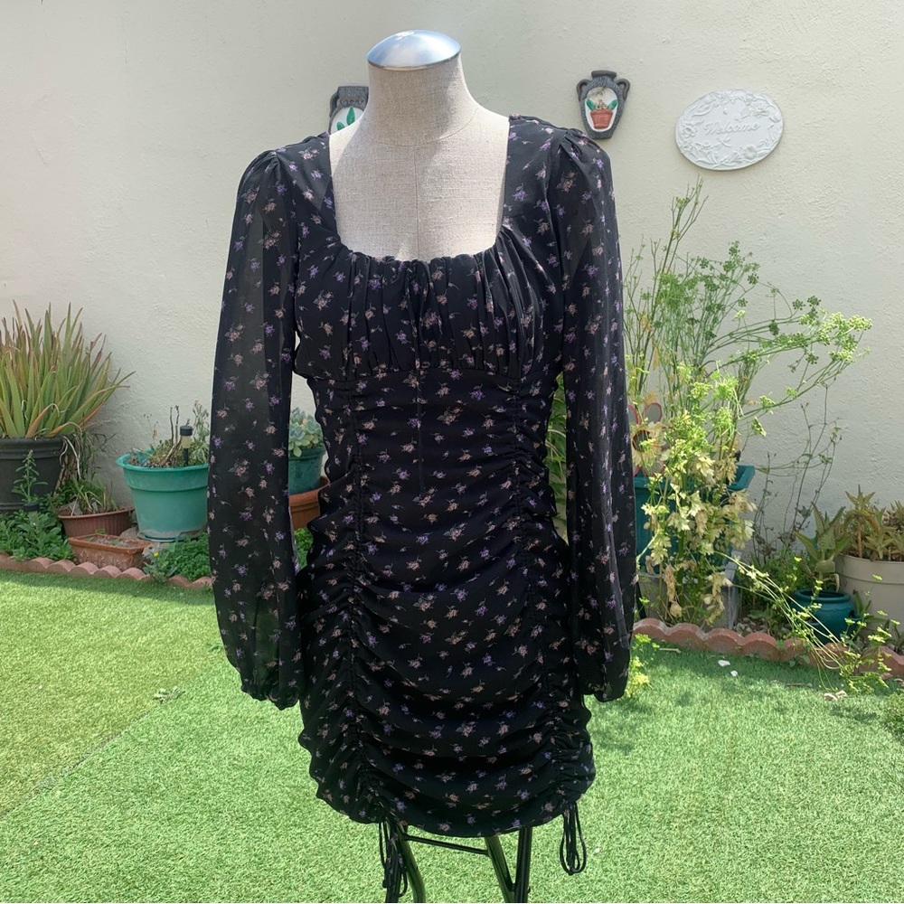 Black whimsy goth floral print mini dress